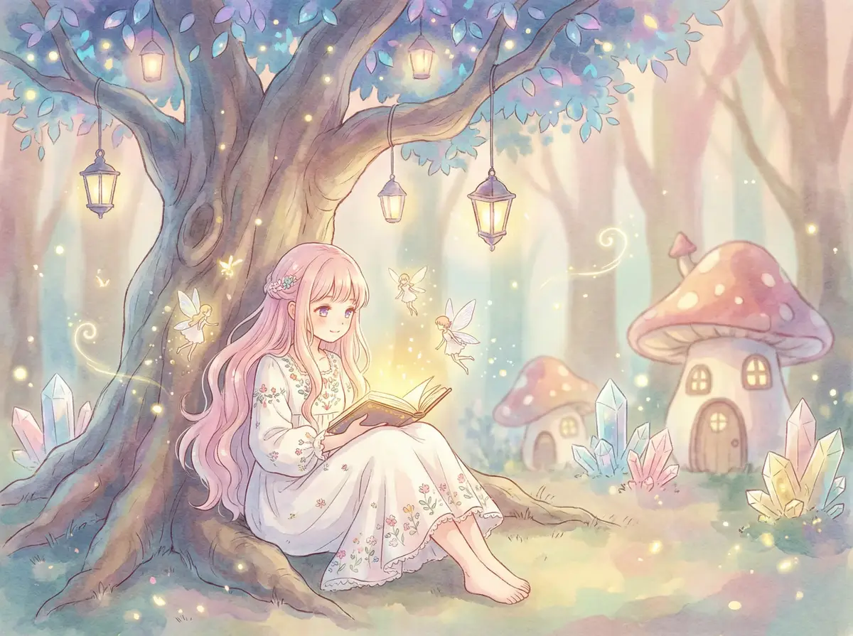 操 - 魔法森林中阅读故事书的粉发少女与精灵